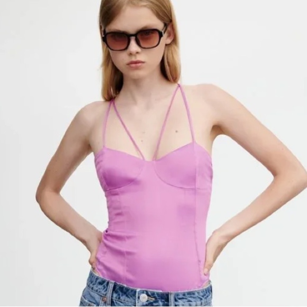 zara pink satin-effect strappy bodysuit
